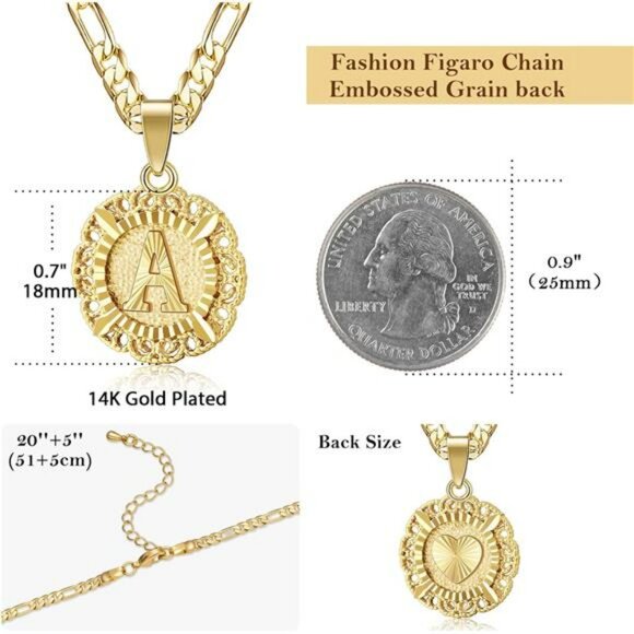 Gold Initial Pendant Necklace Figaro Chain A to Z Monogram Letter Jewelry - Picture 4 of 7